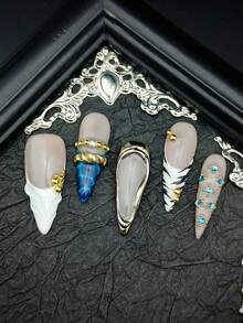 She Nails Cute Baroque Punk Rock Y2K Gothic Style Metallic Gloss Nail Art Set, Includes 10pcs Western & Chinese Style Metallic Glossy Nail Stickers, Blue Long Pointed Metallic Nail Stickers, And Leopard & Zebra 3D Embossed Diamond Full Cover Nail Stickers, Suitable For Party And Formal Wear Sexy Cool Girl, Comes With Nail Stickers And Nail File. - 彩色 - 查看 4