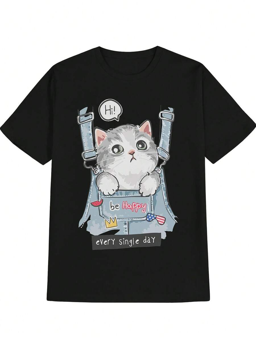 Camiseta informal de algodón con estampado de orejas de gato grises para hombre, diseño "Hi Be Happy Every Single Day", cuello redondo, color negro - Negro 27 - Ver 1