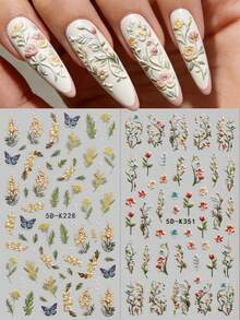 2pcs Spring/Summer Floral Embossed Nail Art Stickers - Delicate Colorful Flowers, Vines, Wheat, Butterflies, Tulips DIY Design, Suitable For Women's Daily, Wedding, Holiday One-Time Self-Adhesive Nail Stickers, Minimalist, Luxurious Theme Style, Easy To Apply Nail Decorations Nail Supplies Nails - Multicolor - View 1