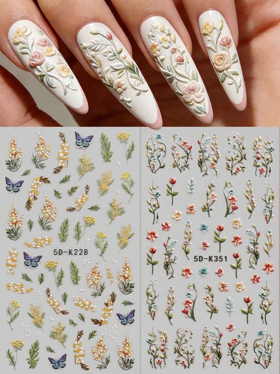 2pcs Spring/Summer Floral Embossed Nail Art Stickers - Delicate Colorful Flowers, Vines, Wheat, Butterflies, Tulips DIY Design, Suitable For Women's Daily, Wedding, Holiday One-Time Self-Adhesive Nail Stickers, Minimalist, Luxurious Theme Style, Easy To Apply Nail Decorations Nail Supplies Nails - Multicolor - View 1