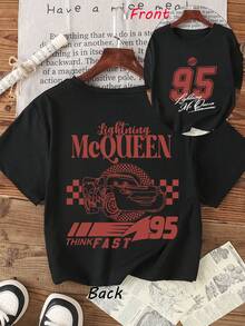 1pc Disney Lightning McQueen Double-Sided Printed Tween Boys Cool T-Shirt, Soft & Breathable, Ideal For School & Outdoor Play - 黑色 - 查看 1