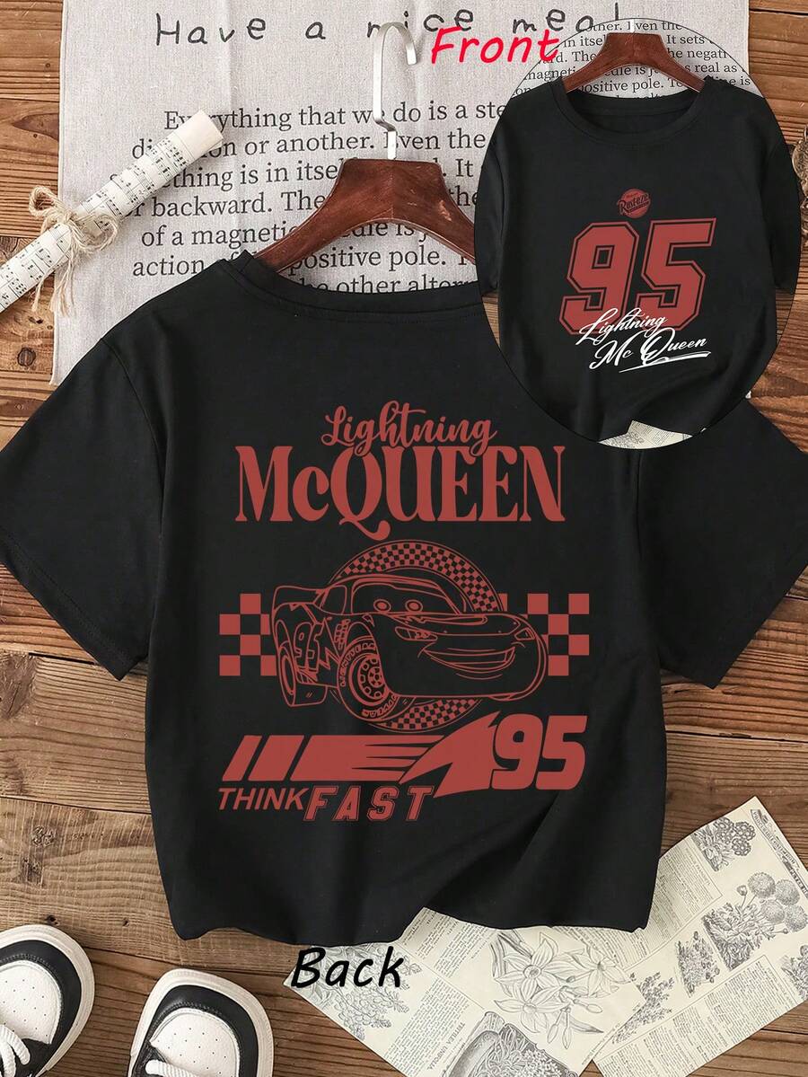 1pc Disney Lightning McQueen Double-Sided Printed Tween Boys Cool T-Shirt, Soft & Breathable, Ideal For School & Outdoor Play - 黑色 - 查看 1