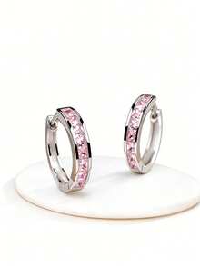 1.5厘米S925纯银方形锆石双圈耳环，低过敏性，适合日常佩戴和派对场合，附赠礼盒 - 粉色 - 查看 1