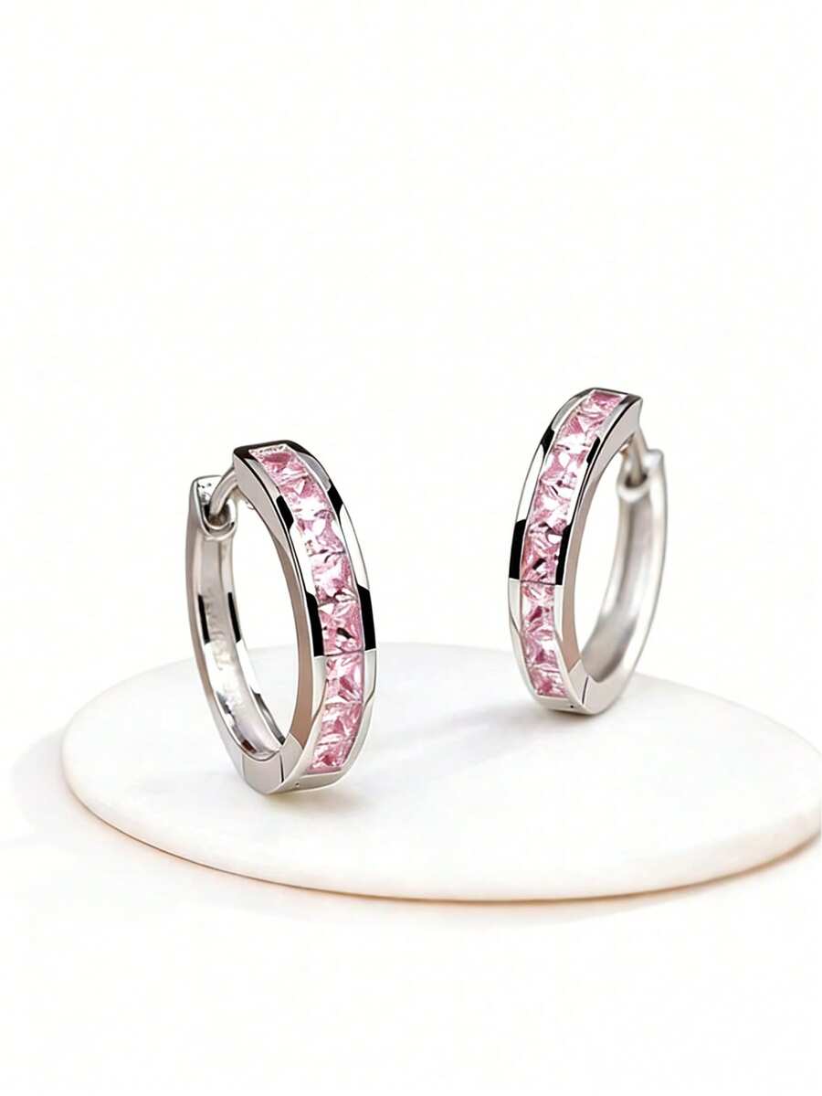 1.5厘米S925纯银方形锆石双圈耳环，低过敏性，适合日常佩戴和派对场合，附赠礼盒 - 粉色 - 查看 1