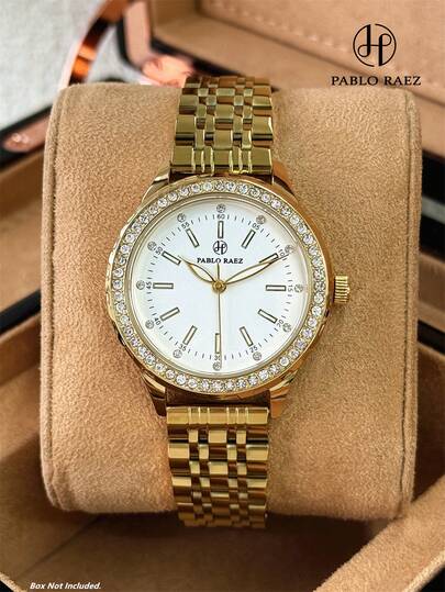 Pablo Raez 1pc 18K Gold Ladies Watches Stainless Steel Jewelry Vintage Diamond Women Wristwatch Non Tarnish Color Top Level AAA High Quality Woman Luxury Dress Watch Elegant Brand New Retro Gorgeous Design Quartz Watch Fashionable White Face