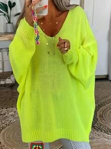 大尺碼女款優雅V領針織毛衣，柔軟寬鬆套頭衫，休閒半正式，適中厚度舒適穿著，早春百搭純色羅紋長袖V領居家毛衣 - 黃色 - 查看 13
