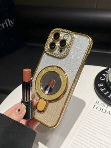 1pc Rhinestone Electroplated Laser Engraved Mirror Stand TPU Phone Case, Compatible With IPhone 16/7P/8P/X/XS/XR/XS Max/11/11 Pro/11 Pro Max/12/12 Pro/12 Pro Max/13/13 Pro/13 Pro Max/14/14 Pro/16 Plus/14 Pro Max/15/15 Pro/15 Plus/15 Pro Max - Gold - View 23