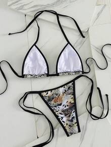 女士豹纹拼接吊带泳衣套装，休闲上下装，夏季海滩度假 - 紋 - 查看 3