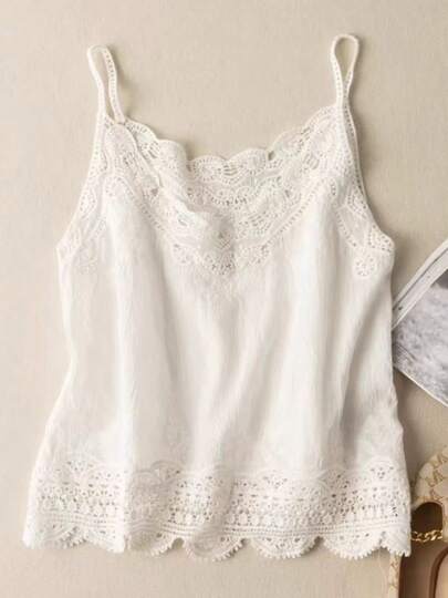 女士复古休闲宽松纯色镂空刺绣蕾丝拼接吊带背心 白色 夏季