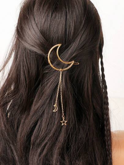 1pc Women's Moon Tassel Hair Clip, Gold Moon Festival Hair Accessory With Stars, Suitable For Festivals, Parties, Daily Wear, Pendant, Gift, Ramadan, Hair Accessories For Women, Head Accessories, Claw Clips, Hair Slide