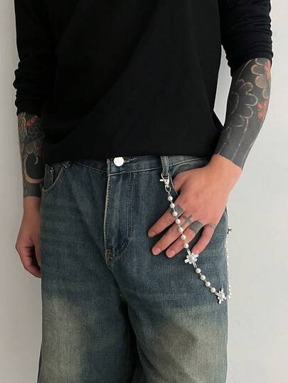 1pc Hip-Hop Vintage 3D Rhinestone Faux Pearl Geometric Cross Charm Pants Chain, Rockstar Punk Chic, Casual Minimalist, Street Style, Wedding Party, Daily Couples Versatile Fashion Accessory Gift For Men