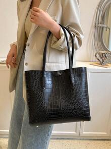 2026新款复古女式手提包，时尚通勤包，多功能大容量单肩包，随机纹理 - 黑色 - 查看 6