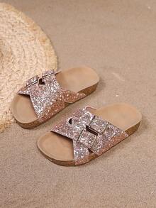 1 Pasang Sandal Anak Perempuan Sol Tebal Anti Selip dari Gabus Lembut, Lembut & Nyaman, Desain Payet & Rhinestone yang Modis, Cocok untuk Usia 3-15 Tahun, Aktivitas Luar Ruangan, Pantai - Emas - View 6