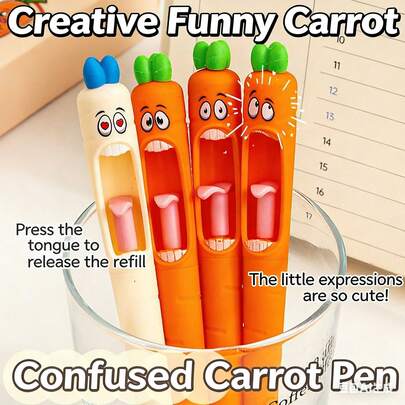 Opakowanie 4 sztuk - długopis neutralny Confused Carrot Shaped Press, kreatywny, zabawny pędzelek do języka, długopis do pytań i odpowiedzi, odpowiedni dla studentów, pracowników biurowych itp., rozładuj nudę życia
