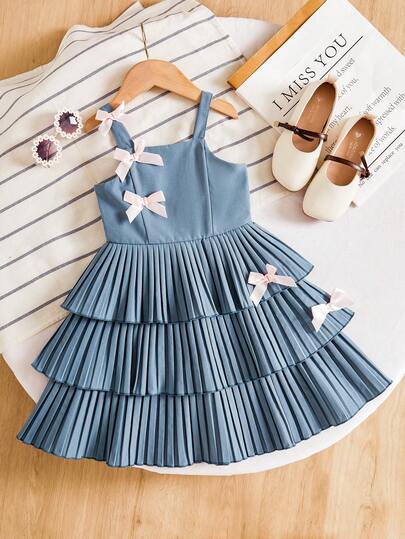 Girls' Layered Pleated Cami Dress, Cute Bow Decor, Sweet & Cool Princess Dress, Suitable For Children's Birthday Party, Runway, Daily Wear