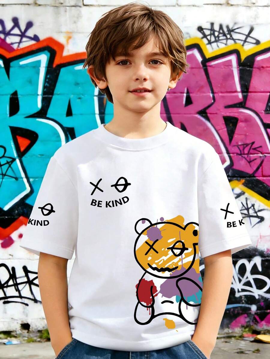 幼儿男童休闲小熊印花套头卫衣，圆领短袖，春夏新款童装 - 白色 - 查看 1