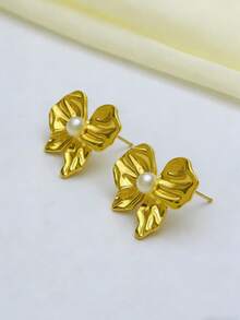 1 par de pendientes asimétricos de acero inoxidable con lazo y perla, adecuados para fiestas y uso diario - Dorado - Ver 4