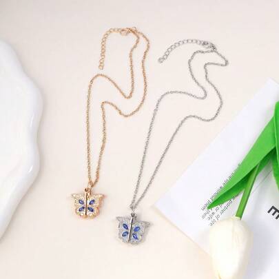 1pc Elegant Fashion Women's I Love You Rhinestone Butterfly Openable Pendant Alloy Necklace Jewelry