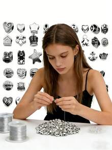 10/30/50/60/80/100/200/300/500/1000pcs Vintage Silver Acrylic Carved Large Hole Beads, Suitable For DIY Bracelet Necklace Jewelry Making Accessories - Silver - View 2