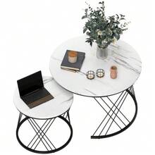 Set Of 2 Stackable Round Coffee Tables, Marble Look, Made Of Chipboard And Metal, White, Ideal For The Living Room. - White - View 8