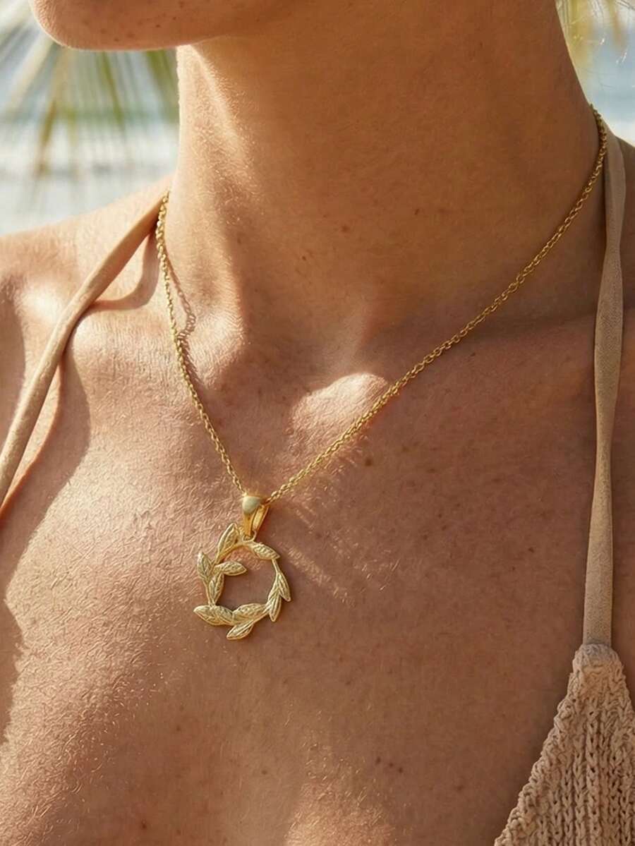 1件18K镀金不锈钢优雅树叶吊坠项链，精致花环项链，女士礼物 - Necklace - 查看 1