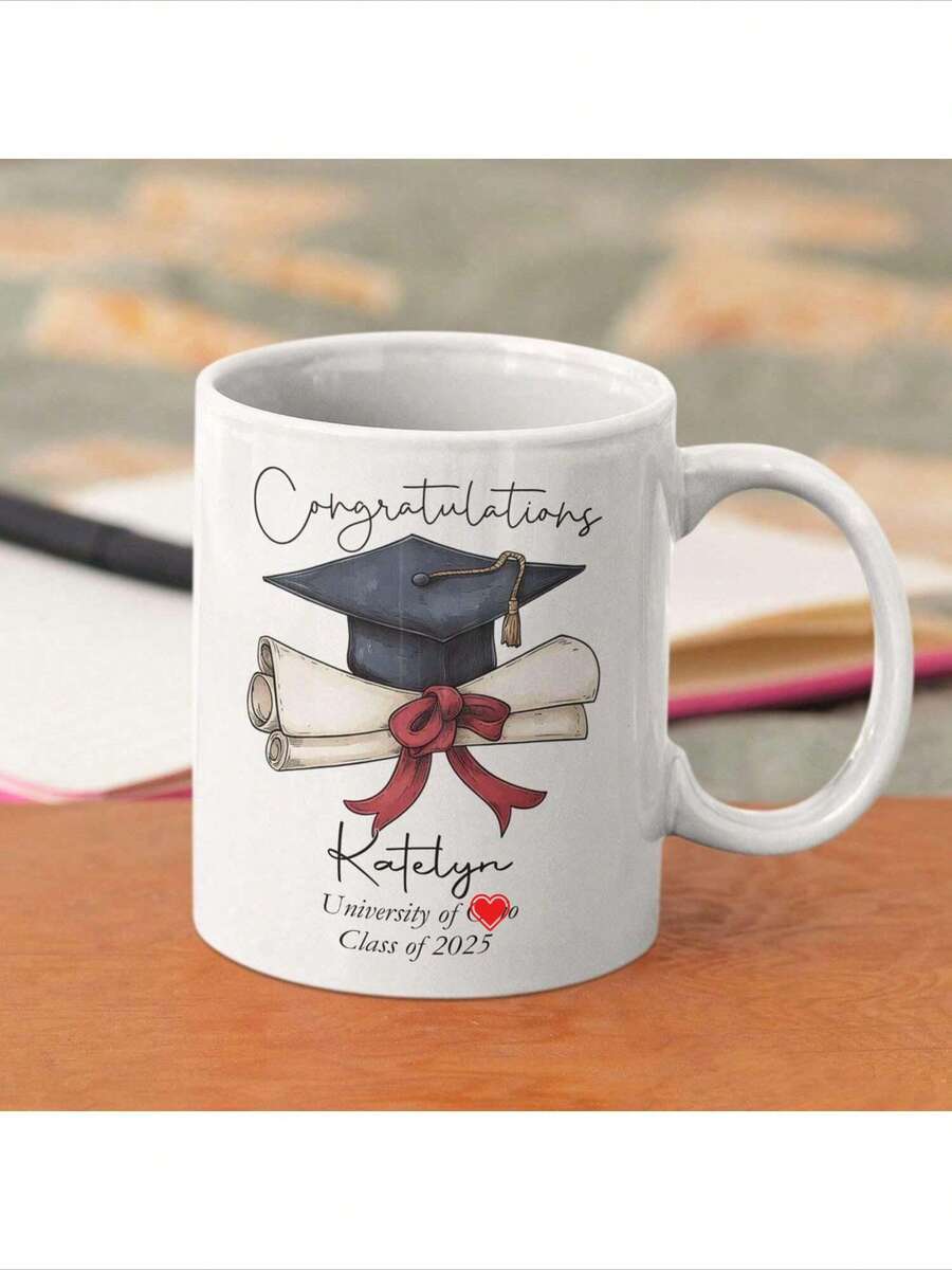 1pc Personalized Photo Ceramic Cup, Custom Name & Year Coffee Mug Gift For Friends, Customized Graduation Keepsake Mug, Study Themed White Cup 11oz - ANH-225-2331-Graduation Mug - View 1