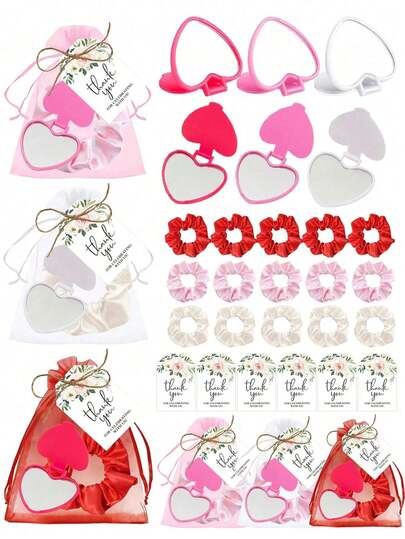 20件套心形便携折叠化妆镜礼盒套装，包含心形翻盖镜、花卉感谢卡和缎面化妆刷，是婚礼派对装饰、婚礼回礼、女士睡衣派对、单身派对和生日礼物的理想之选。