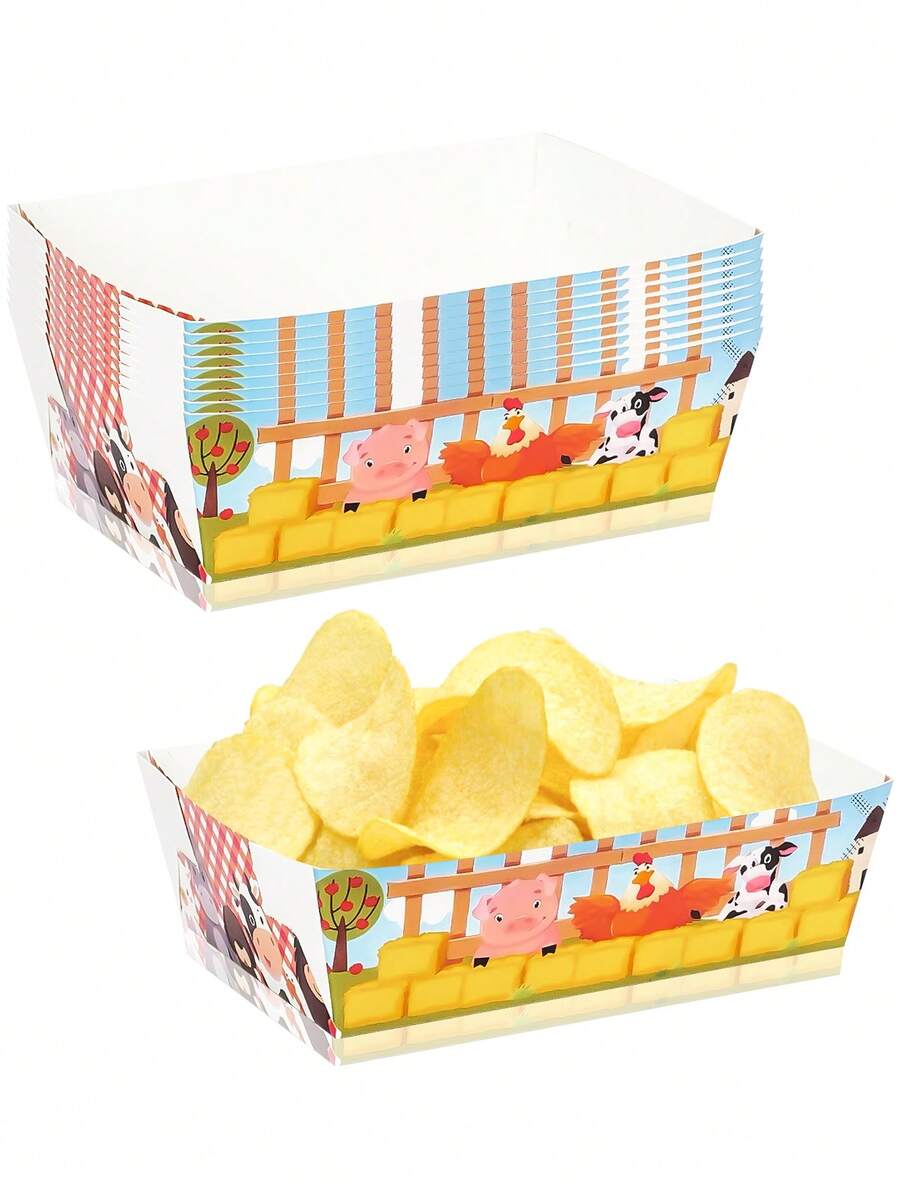 10pcs/30pcs/50pcs Farm Themed Paper Food Trays, Farm Animal Birthday Party Decor, Cowboy Farm Snack Bowls, Farm Corn Chip Boat Containers, Suitable For Farm Themed Birthday Party Supplies - Multicolor - View 1