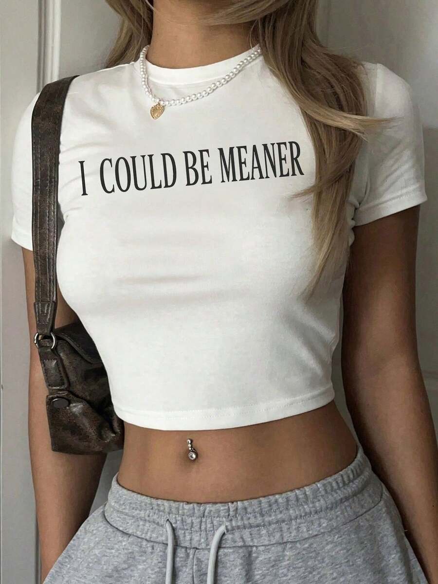 Women's "I Could Be Meaner" Slogan Graphic Crop Top - Short Sleeve Fitted Cotton Casual Tee | Daily, Party, Streetwear - 白色 - 查看 1