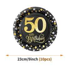 50岁生日金银波点一次性餐盘、餐巾纸、杯子套装，可供10位客人使用，适合生日、婚礼、派对、家庭野餐等场合。 - 彩色 - 查看 7