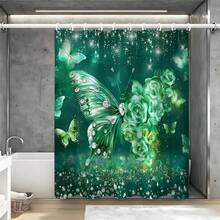 翡翠蝴蝶玫瑰闪亮钻石印花浴帘 180x180cm 涤纶防水防霉加厚可水洗梦幻浪漫风格浴室隔断帘奢华闪光花卉浴帘家居酒店公寓浴室装饰必备少女心浴室配件 - 寶石綠 - 查看 5