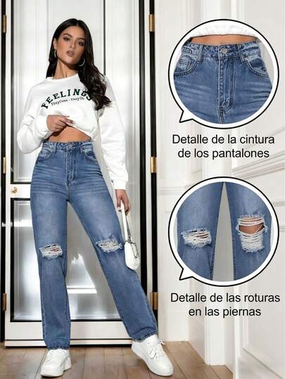Pantalones vaqueros Desgastados De Cintura Media Y Pernera Recta Con Diseño Lavado, Jeans rectos, sueltos,Jeans holgados con rotos y lavados para mujer,  versátiles y informales