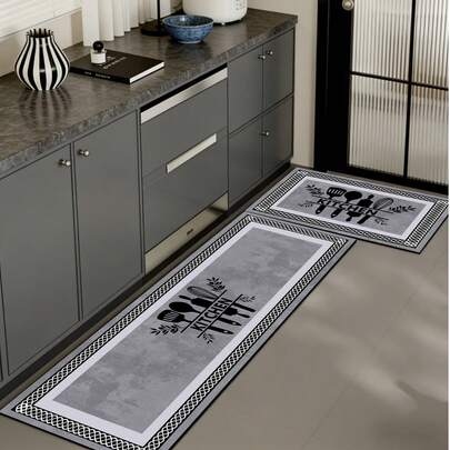1 pieza Alfombra de gel de sílice para piso de cocina, base de color gris cemento con silueta de utensilios de cocina negros y patrón de texto "COCINA", bordeada con textura tejida en blanco y negro, tema de cocina minimalista moderno