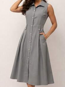 Women's Midi Dress, Loose Fit, Elegant Louis Twill Fabric, Buttons Down The Front With Pocket. - Xám - Xem 3