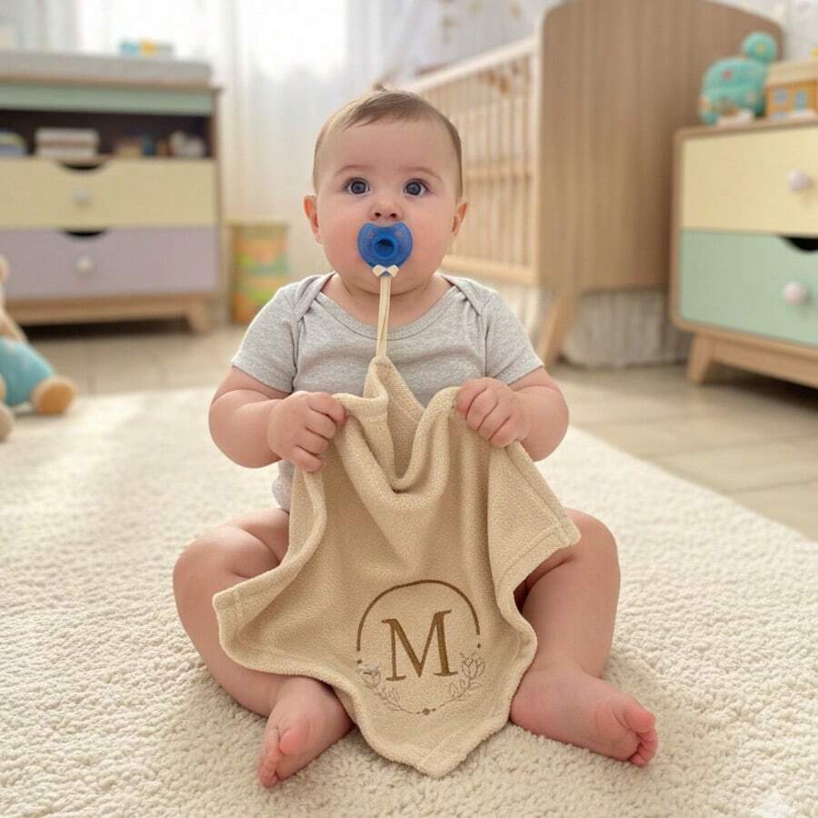 Personalized Baby Blanket With Initial Letter, Pacifier Clip, Small Cloth - Plain Beige - View 1