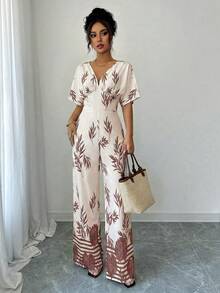 Women's Printed Bandeau Jumpsuit With Cinched Waist And Wide Leg, Elegant For Vacation, Daily Commute - Multicolor - View 2