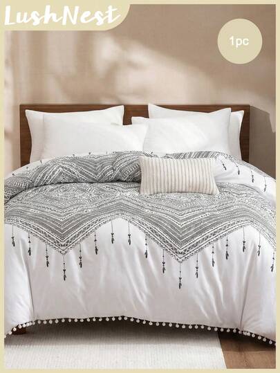 1pc Bohemian Print With White Pompom Bedding - 1 Duvet Cover Without Inserts , Soft Polyester, Breathable & Machine Washable Boho Chic Decor,Cottagecore Farmhouse Style ,Boho Print ,Eclectic Home