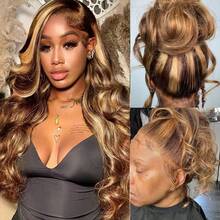 13x6 13x4HD 蕾丝前假发 4/27 蜜金色渐变波浪卷 28 英寸 - 180% 高密度预拔毛真人发假发，带婴儿发，无需胶水，即戴即用，自然高光效果 - SP4/27 - 查看 9