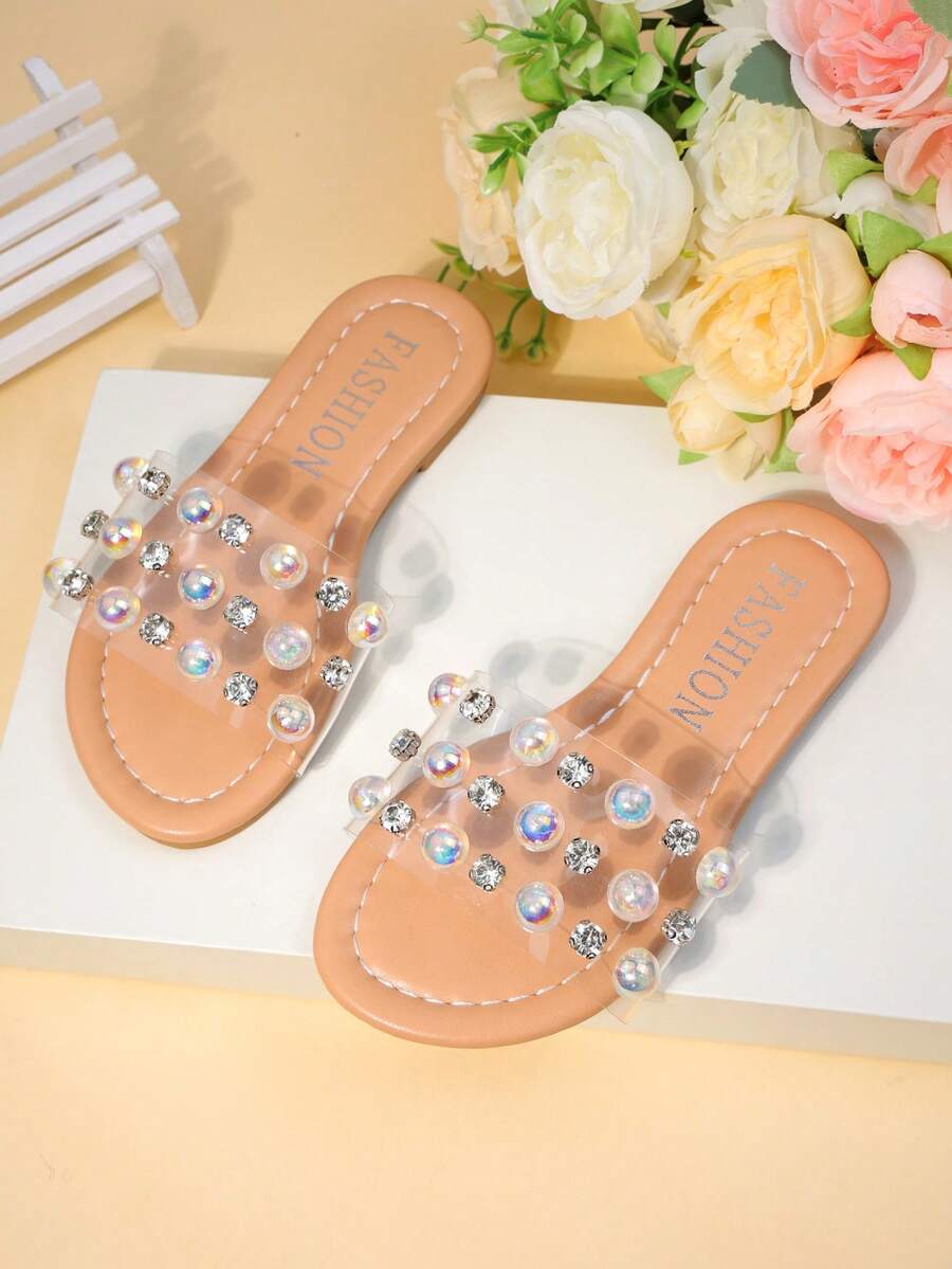 1 Pair Girls' Nude Transparent Sandals With Rainbow Diamond Decor, Open Toe Flat, Comfortable Sparkling, Sweet And Ethereal, Suitable For Summer Street Wear - Clear - View 1