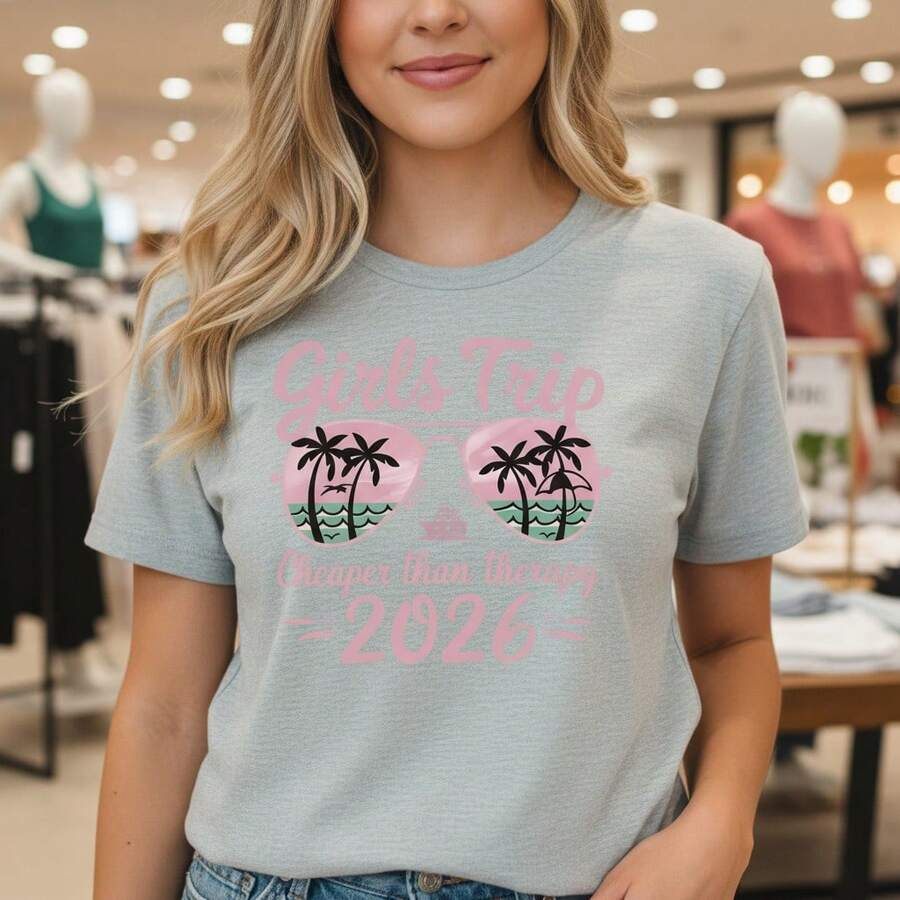 Women's Girls Trip 2026 Graphic Cotton T-Shirt, Summer Vacation Beach Sunglasses Print Short Sleeve Tee, Casual Loose Fit Top, S-5XL Sizes, Black Pink Fun Quote Tshirt For Best Friends Travel Party - 淺灰色 - 查看 1