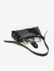 1pc Retro Maillard Distressed Leather Motorcycle Bag With Studs And Buckles, Soft Touch, Folded Detail, Cloud Shape, Shoulder & Crossbody Bag, Suitable For Work, Commute, Date And Party, Retro Inspired Vintage Bag For Women, Halloween Purse Perfect For Fancy Party Halloween Fashion & Gothic Fashion , Vintage Bag - màu đen - Xem 7