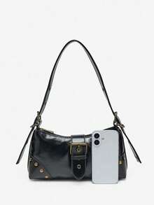 1pc Retro Maillard Distressed Leather Motorcycle Bag With Studs And Buckles, Soft Touch, Folded Detail, Cloud Shape, Shoulder & Crossbody Bag, Suitable For Work, Commute, Date And Party, Retro Inspired Vintage Bag For Women, Halloween Purse Perfect For Fancy Party Halloween Fashion & Gothic Fashion , Vintage Bag - màu đen - Xem 6