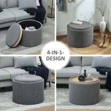 Storage Ottoman With Lid, Round Footrest, Tufted Ottoman, Corduroy-Look Coffee Table, 56 X 56 X 42 Cm, Grey - Grey - View 6