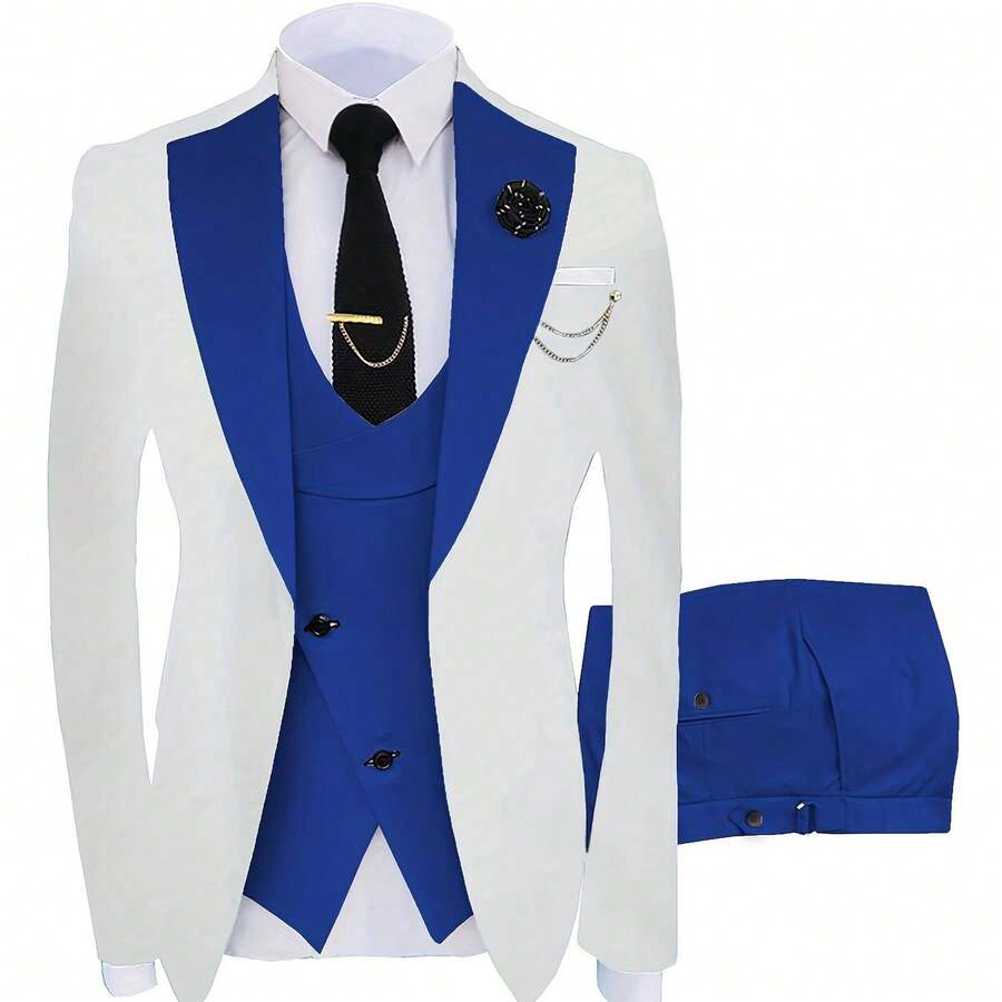 A Three-Piece Suit For Groomsmen, Featuring A Slim Fit Tuxedo Ideal For Wedding Dances, Includes A Stylish Jacket, Trousers, Vest, Tie, Tie Clip, Handkerchief, Two Cufflinks, A Boutonniere, And A Brooch For Formal Occasions - Xanh đậm - Xem 1