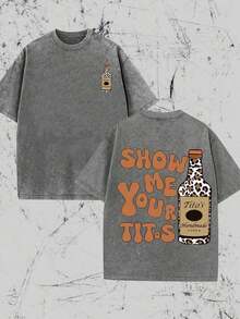 Outdoor Sport,Modern Streets,Y2K Style Alcoholic Beverages Pattern Printing( Pure Cotton T-Shirt) Cotton T-Shirt , Fashionable Pure Cotton Vintage Washed Men's T-Shirt, A Surprise Gift For Family And Friends, With Drooping Shoulder Sleeves And Round Neck,A Certain Thickness Suitable For Summer T-Shirts, Holiday Gifts. ,Washed Men Clothing - 灰色 - 查看 5