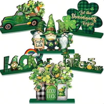 6pcs Of St. Patrick's Day Decorations, Wooden Clover Table Center Sign, St. Patrick's Day Table Decorations, Irish Green Gnome Truck Wooden Table Sign, Home Rack St. Patrick's Day Party Decorations