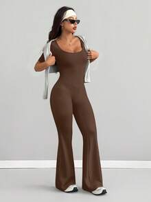 AITYI Studio 女士连体裤，修身剪裁，休闲 U 领纯色时尚性感舒适修身款，适合户外运动，适合毕业典礼、新年、情人节、狂欢节等场合，四季皆宜，弹力针织短袖喇叭裤连体裤 - 棕色 - 查看 4