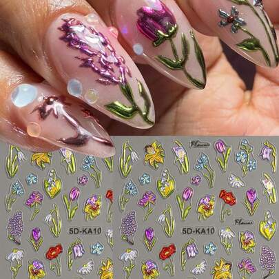 Acrylic Floral Petal Nail Stickers, Embossed 5D Lily Tulip Flower Nail Design, Spring Summer Charming Nail Decoration, Sparkling Self-Adhesive Nail Decals, DIY Nail Salon Accessories