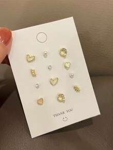 Heart & Bow Tie Cat Eye Stone Luxury Delicate Earrings Set For Women - Gold - View 2