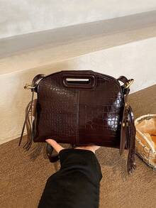 小巧别致的流苏手提包，女士新款个性化多功能托特包，休闲通勤单肩/斜挎包 - 咖啡 - 查看 10